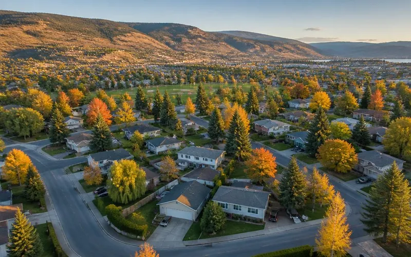 Aerial view of East Hill in Vernon, BC — established family homes, mature trees, and autumn colours