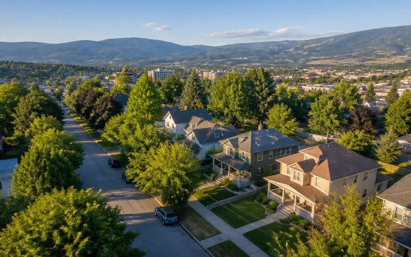 Aerial view of the Harwood neighbourhood in Vernon, BC — mature trees, character homes, and mountain backdrop